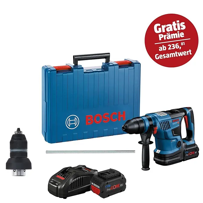 Bosch Professional AMPShare 18V Akku-Kombihammer GBH 18V-34 CF - 18 V, 2 Akkus, 8 Ah, 5,8 J - Bosch Akku-Bohrhammer mit Zubehör in blauem Koffer. Inklusive Akkus, Bohrfutter und dem "Gratis" Angebot.