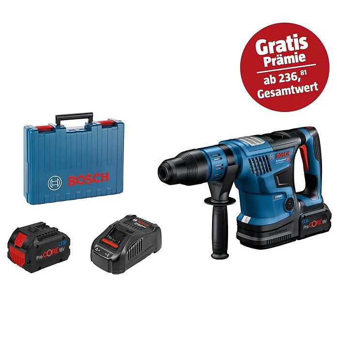 Bosch Professional AMPShare 18V Akku-Kombihammer GBH 18V-36 C - 18 V, 2 Akkus, 8 Ah, 7 J - Bosch GBH 18V-45 C Akku-Bohrhammer mit Zubehör, inklusive zwei ProCORE18V Akkus und robustem Transportkoffer.
