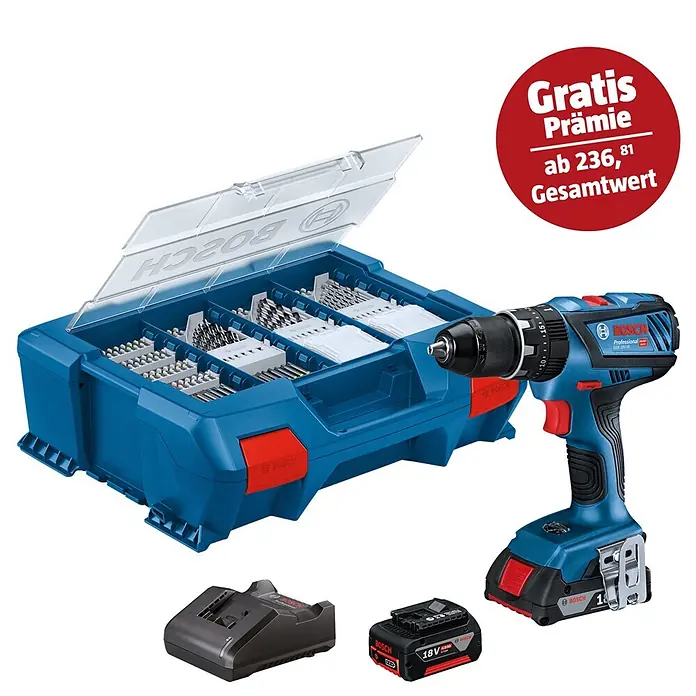 Bosch Professional AMPShare 18V Akku-Schlagbohrschrauber GSB 18V-28 - 18 V, 2 Akkus, 2 Ah - 4 Ah, 63 Nm, Inkl. Zubehörkoffer - Blauer Bosch Akku-Bohrschrauber mit Akku, Ladegerät und großem blauem Bohrer-Set-Koffer, mit rotem "Gratis Prämie" Aufkleber.