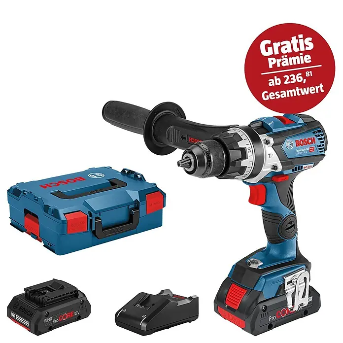 Bosch Professional AMPShare 18V Akku-Schlagbohrschrauber GSB 18V-110 C - 18 V, 2 Akkus, 4 Ah, 110 Nm, Inkl. Koffer - Bosch Professional Akku-Bohrschrauber mit Zubehör wie Akkus, Ladegerät und Koffer. Zusätzlich: "Gratis"-Aktion mit Prämie.