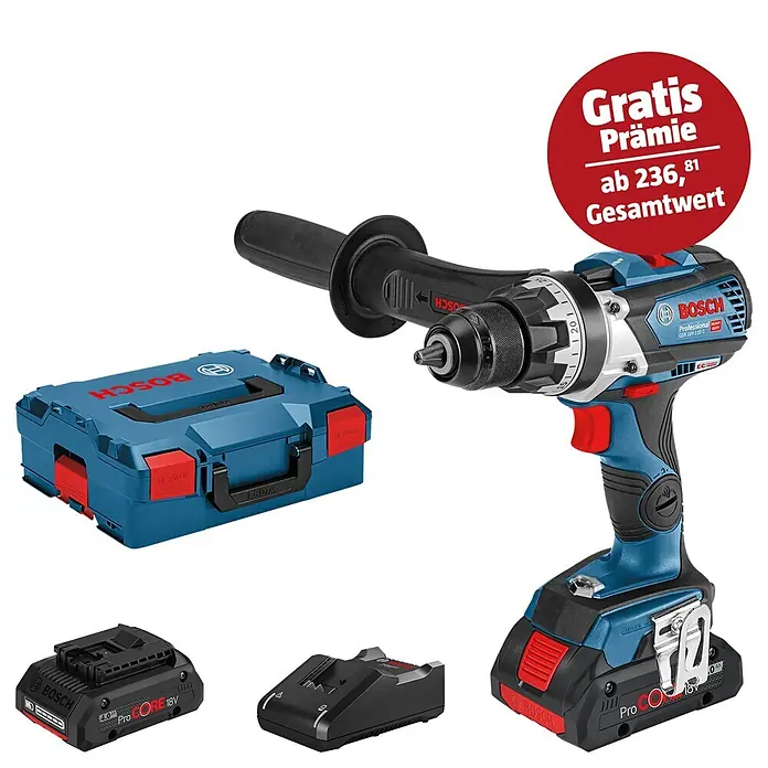 Bosch Professional AMPShare 18V Akku-Bohrschrauber GSR 18V-110 C - 18 V, 2 Akkus, 4 Ah, 110 Nm, Inkl. Koffer - Abbildung einer Bosch Akku-Bohrmaschine mit Zubehör, inklusive Akkus, Ladegerät und Aufbewahrungskoffer.