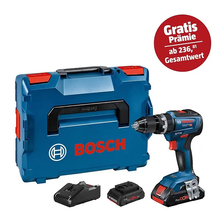 Bosch Professional AMPShare 18V Akku-Schlagbohrschrauber GSB 18V-55 - 18 V, 2 Akkus, 4 Ah, 55 Nm, Inkl. 2 x Akku 4 Ah + Koffer - Das Bild zeigt einen blauen Bosch-Akkuschrauber mit Zubehör, inklusive Akkus, Ladegerät und Aufbewahrungskoffer. Ein Werbeaufkleber verspricht eine Prämie.