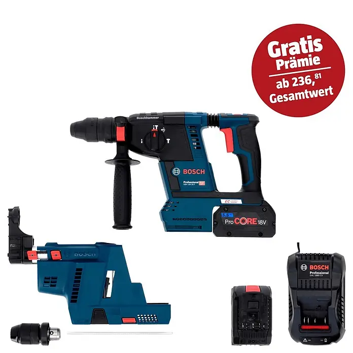 Bosch Professional AMPShare 18V Akku-Kombihammer GBH 18V-26 F - 18 V, 2 Akkus, 5,5 Ah, 2,6 J, Inkl. Staubabsaugung - Abbildung eines Bosch Bohrhammers mit Zubehör, inklusive Akku und Ladegerät, hervorgehoben durch ein "Gratis"-Angebot.