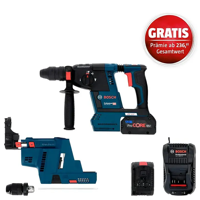 Bosch Professional AMPShare 18V Akku-Kombihammer GBH 18V-26 F18 V, 2 Akkus, 5,5 Ah, 2,6 J, Inkl. Staubabsaugung
