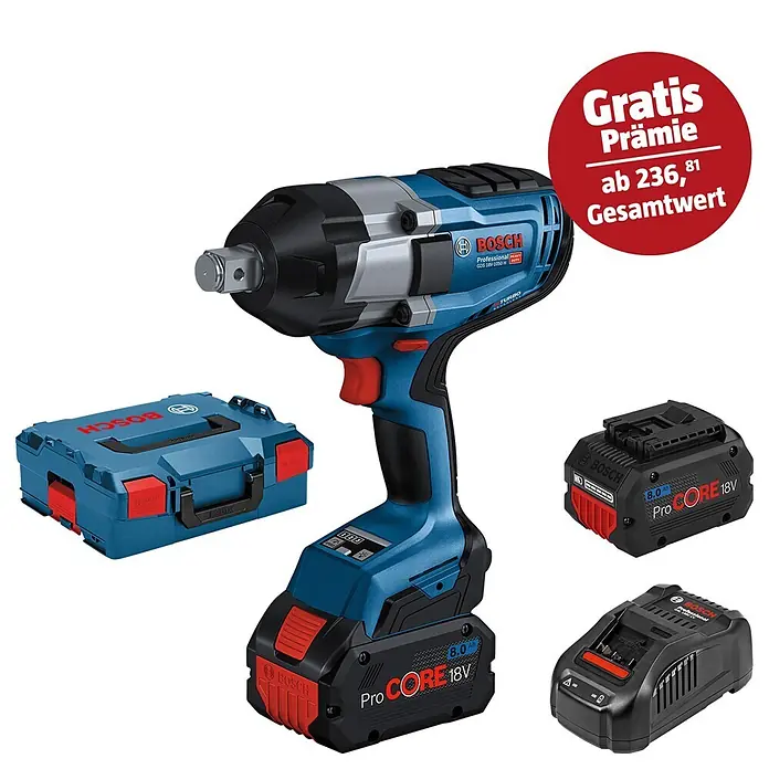Bosch Professional AMPShare 18V Akku-Drehschlagschrauber GDS 18V-1050H - 18 V, 2 Akkus, 8 Ah - Abbildung eines Bosch Akku-Schlagschraubers mit Zubehör, inklusive zwei Akkus, einem Koffer und einem roten Aktionsaufkleber.