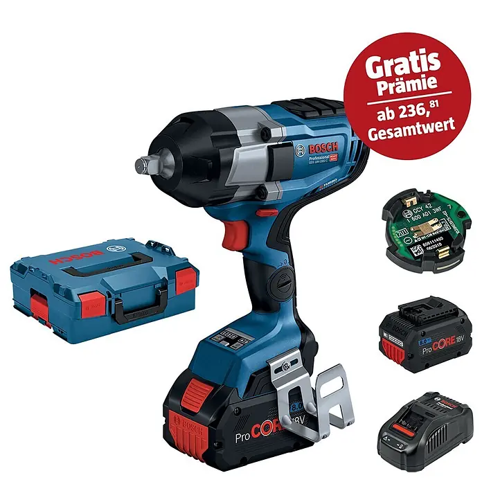Bosch Professional AMPShare 18V Akku-Drehschlagschrauber GDS 18V-1000 C - 18 V, 2 Akkus, 8 Ah, 1.000 Nm, Inkl. Bluetooth Low Energy Modul GCY 42 - Abbildung eines Bosch GDS 18V-1000 C Akku-Schlagschraubers mit Zubehör und Aufkleber "GRATIS Prämie ab 236,81 Gesamtwert".