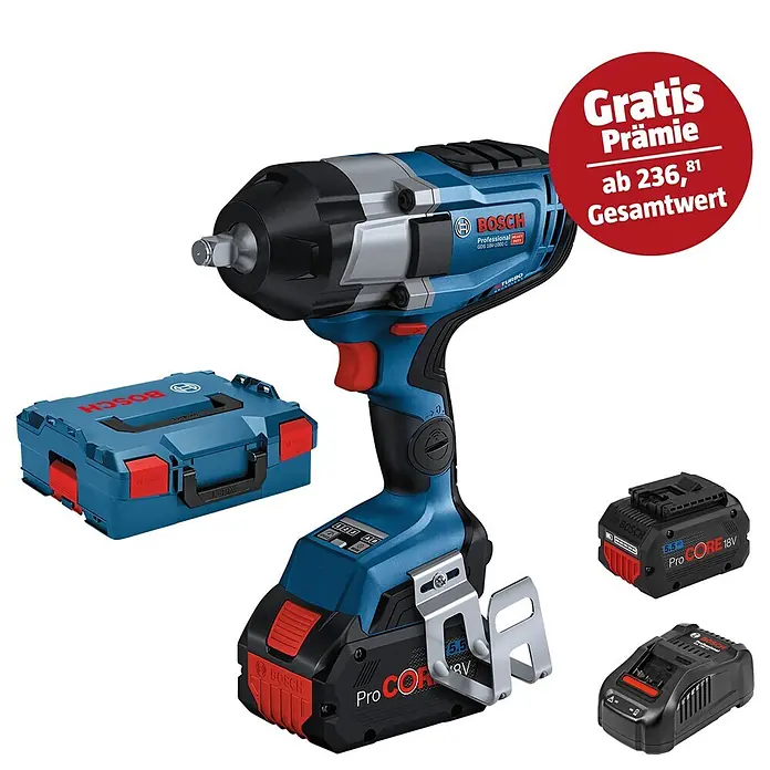 Bosch Professional AMPShare 18V Akku-Drehschlagschrauber GDS 18V-1000 C - 18 V, 2 Akkus, 5,5 Ah, 1.000 Nm, Ohne Bluetooth Low Energy Modul GCY 42 - Abbildung eines Bosch Akku-Schlagschraubers mit Zubehör, inklusive Akkus und Aufbewahrungskoffer, hervorgehoben durch ein "Gratis"-Angebot.
