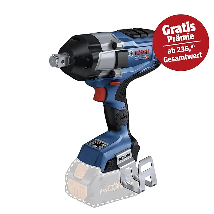 Bosch Professional AMPShare 18V Akku-Drehschlagschrauber GDS 18V-1050 HC - 18 V, Ohne Akku, 1.050 Nm, Ohne Bluetooth Low Energy Modul GCY 42 - Abbildung eines Bosch GDS 18V-1050 HC Akku-Schlagschraubers mit einer "Gratis"-Werbeaktion.