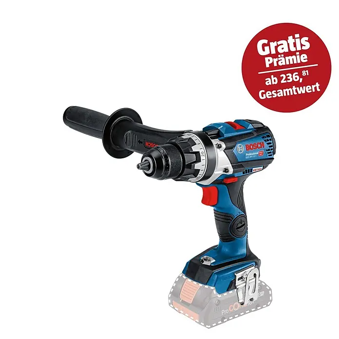 Bosch Professional AMPShare 18V Akku-Bohrschrauber GSR 18V-110 C - 18 V, Ohne Akku, 110 Nm, Ohne Koffer - Das Bild zeigt eine Bosch Professional GSB 18V-21 Akku-Schlagbohrmaschine mit Zusatzhandgriff und einem roten "Gratis"-Aufkleber.