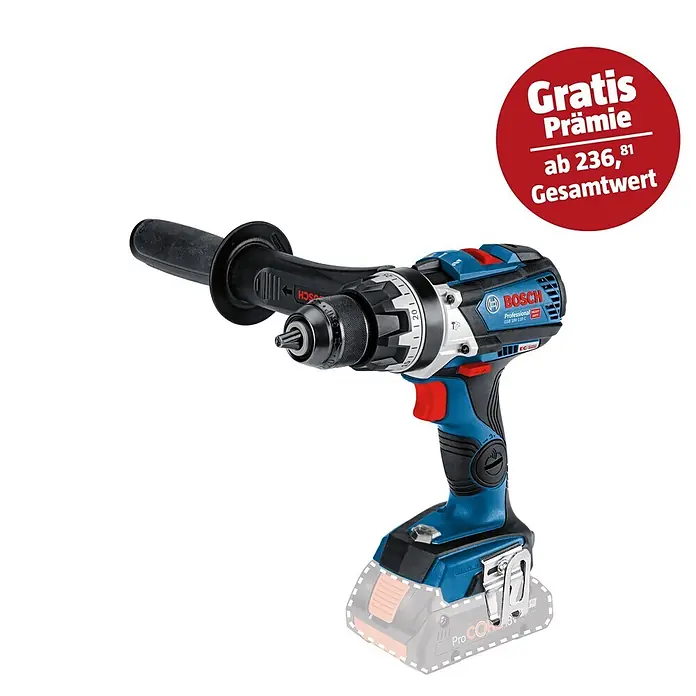 Bosch Professional AMPShare 18V Akku-Schlagbohrschrauber GSB 18V-110 C - 18 V, Ohne Akku, 110 Nm, Ohne Koffer - Abbildung eines Bosch Professional GSB 18V-150 C Akku-Schlagbohrschraubers mit Zusatzhandgriff. Inklusive Gratis-Aktion.