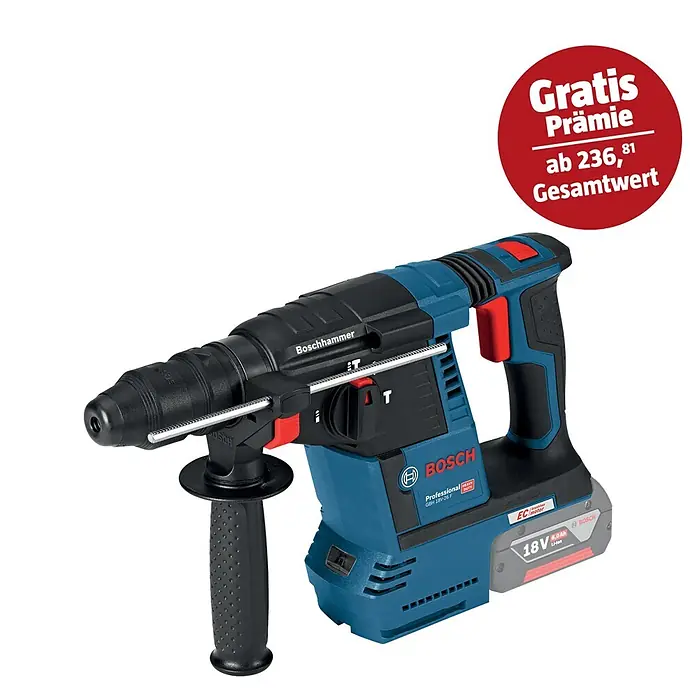 Bosch Professional AMPShare 18V Akku-Kombihammer GBH 18V-26 - 18 V, Ohne Akku, 2,6 J, Karton - Abbildung eines Bosch GBH 18V-26 F Akku-Bohrhammers mit einem roten "Gratis"-Aufkleber, der eine Prämie ab 236,81 € verspricht.