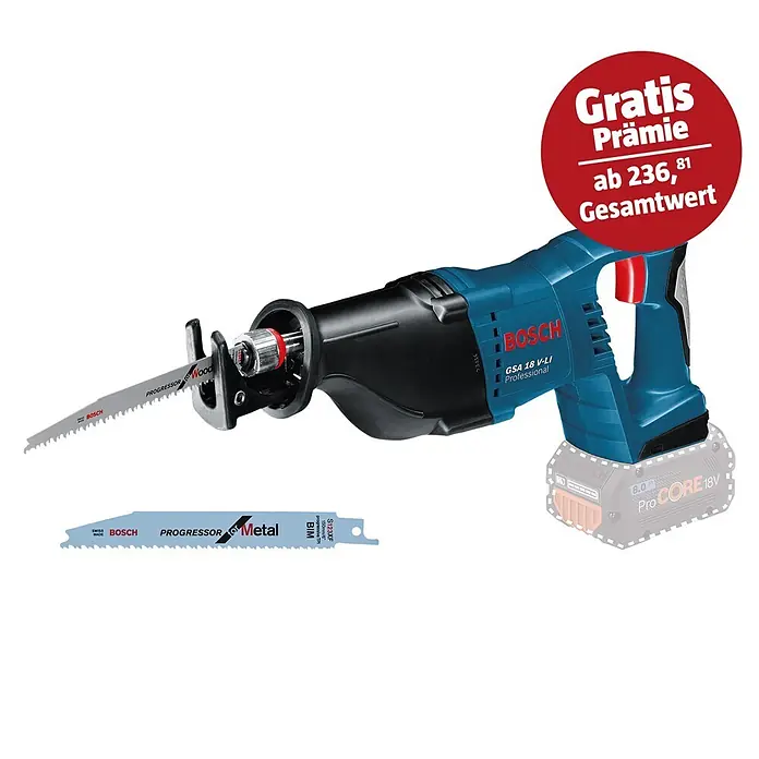 Bosch Professional AMPShare 18V Akku-Säbelsäge GSA 18V-LI - 18 V, Ohne Akku - Die Bosch GSA 18 V-LI Professional Akku-Säbelsäge mit "Gratis"-Aktion und Sägeblättern für Holz und Metall.