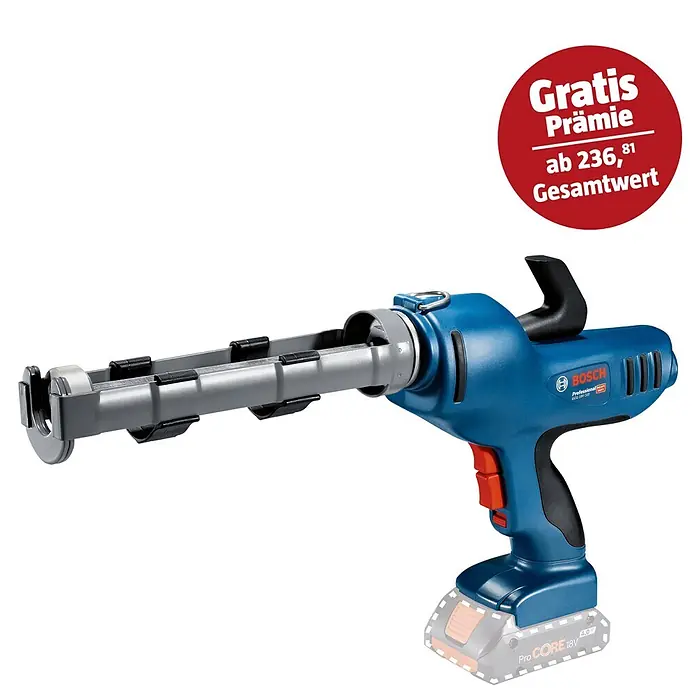 Bosch Professional AMPShare 18V Akku-Kartuschenpresse GCG 18V-310 - 18 V, Ohne Akku, Betriebsdruck: 3,5 kN - Das Bild zeigt eine blaue, kabellose Bosch Professional GCG 18V-310 Kartuschenpistole mit Akku und der Aufschrift "Gratis Prämie ab 236,81 Gesamtwert".