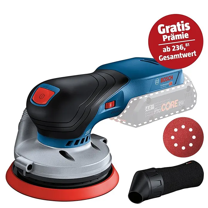 Bosch Professional AMPShare 18V Akku-Exzenterschleifer GEX 18V-125 - 18 V, Ohne Akku, Durchmesser Schleifteller: 125 mm, Karton - Abbildung eines Bosch Professional Akku-Exzenterschleifers mit Zubehör und einem Gratis-Angebotsschild, ideal für professionelle Handwerker.