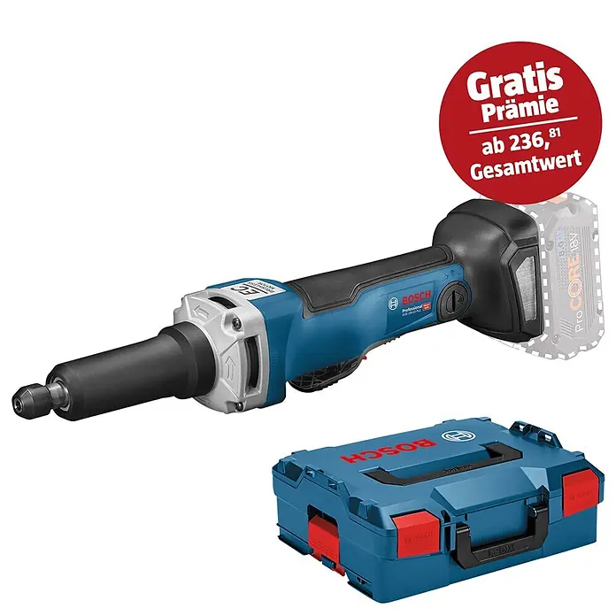 Bosch Professional AMPShare 18V Akku-Geradschleifer GGS 18V-23 PLC - 18 V, Ohne Akku, Leerlaufdrehzahl: 23.500 U/min - Das Bild zeigt einen Bosch Professional Geradschleifer GGS 18V-23 LC mit Zubehör und einem "Gratis"-Aufkleber.