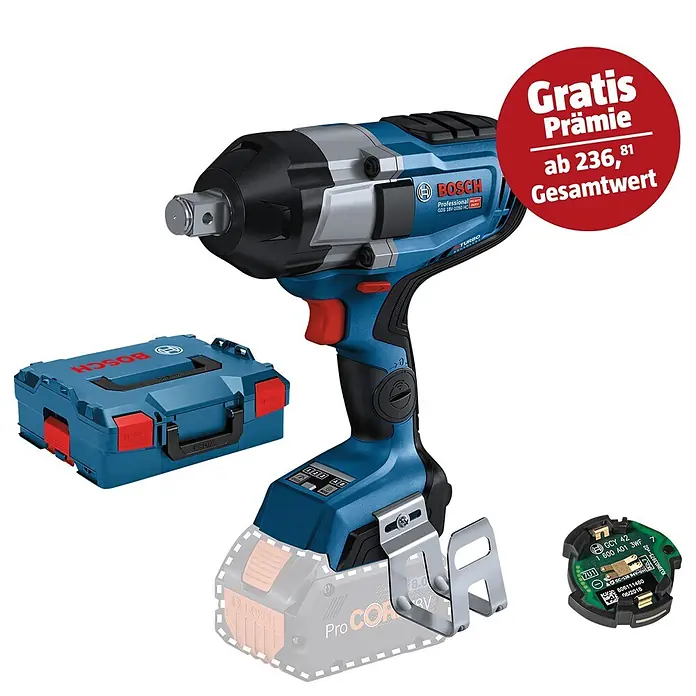 Bosch Professional AMPShare 18V Akku-Drehschlagschrauber GDS 18V-1050 HC - 18 V, Ohne Akku, 1.050 Nm, Inkl. Bluetooth Low Energy Modul GCY 42 - Akkuschlagschrauber von Bosch Professional mit Zubehör, inklusive Aufbewahrungsbox und einem "Gratis"-Angebot.
