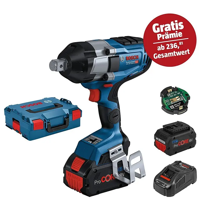 Bosch Professional AMPShare 18V Akku-Drehschlagschrauber GDS 18V-1050 HC - 18 V, 2 Akkus, 8 Ah, 1.050 Nm, Inkl. Bluetooth Low Energy Modul GCY 42 - Abbildung eines Bosch Professional Akku-Schlagschraubers mit Zubehör wie Akkus, L-Boxx und einem "Gratis"-Aufkleber.