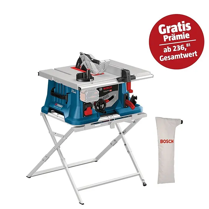 Bosch Professional AMPShare 18V Akku-Tischkreissäge GTS 18V-216 - 18 V, Ohne Akku, Durchmesser Sägeblatt: 216 mm, Mit Sägetisch - Bosch Akku-Tischkreissäge auf Stativ mit Zubehör. Leistungsstarkes Werkzeug für präzise Schnitte in verschiedenen Materialien. Inklusive Staubfangsack.