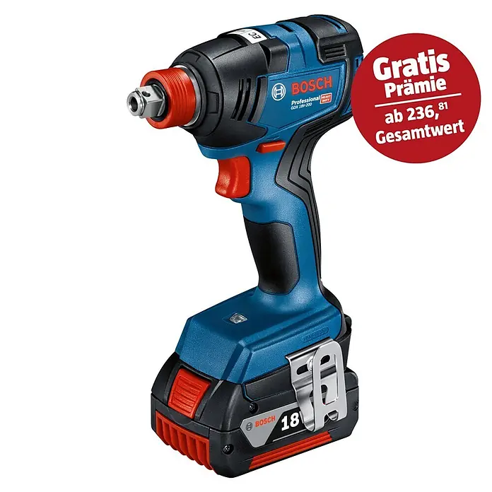 Bosch Professional AMPShare 18V Akku-Drehschlagschrauber GDX 18V-200 - 18 V, Ohne Akku, 200 Nm, Inkl. Koffer - Bild einer blauen Bosch GDX 18V-200 Akku-Schlagschrauber mit rotem Detail und einem "Gratis"-Aufkleber.
