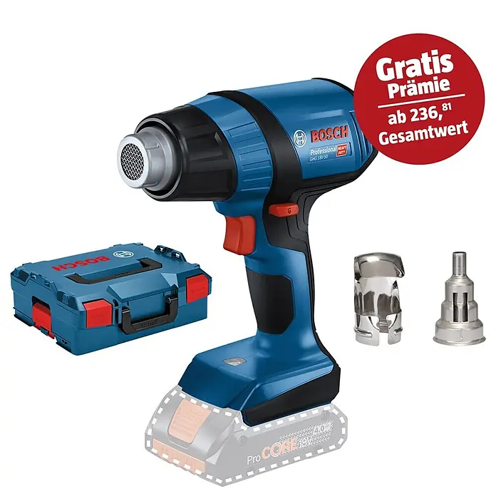 Bosch Professional AMPShare 18V Akku-Heißluftgebläse GHG18V-50 - 18 V, Ohne Akku, Temperaturbereich: 300 °C - 500 °C, Kunststoffkoffer - Abbildung eines Bosch GHG 18V-50 Akku-Heißluftgebläses mit Zubehör und einem roten "Gratis"-Aufkleber.