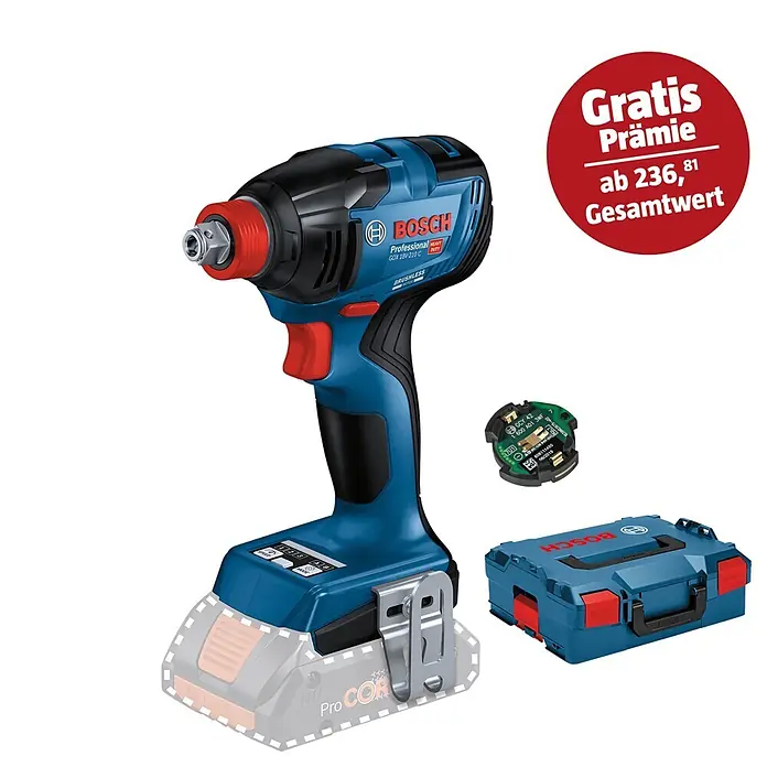 Bosch Professional AMPShare 18V Akku-Drehschlagschrauber GDX 18V-210 C - 18 V, Ohne Akku, 210 Nm, Mit Bluetooth-Modul - Abbildung eines Akku-Drehschlagschraubers GDX 18V-210 C Professional von Bosch mit Zubehör.