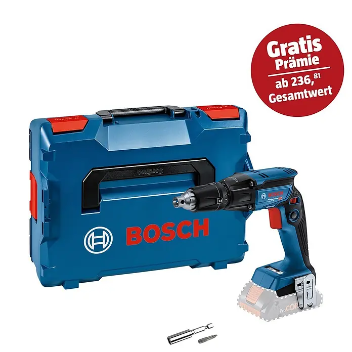 Bosch Professional AMPShare 18V Akku-Trockenbauschrauber GTB 18V-45 L - 18 V, Ohne Akku, 6 Nm, Leerlaufdrehzahl 1. Gang: 4.500 U/min - Abbildung eines Bosch Akku-Trockenbauschraubers mit Zubehör in einer blauen Bosch-Werkzeugkiste. Der Schrauber wird mit Gratis-Prämie angeboten.