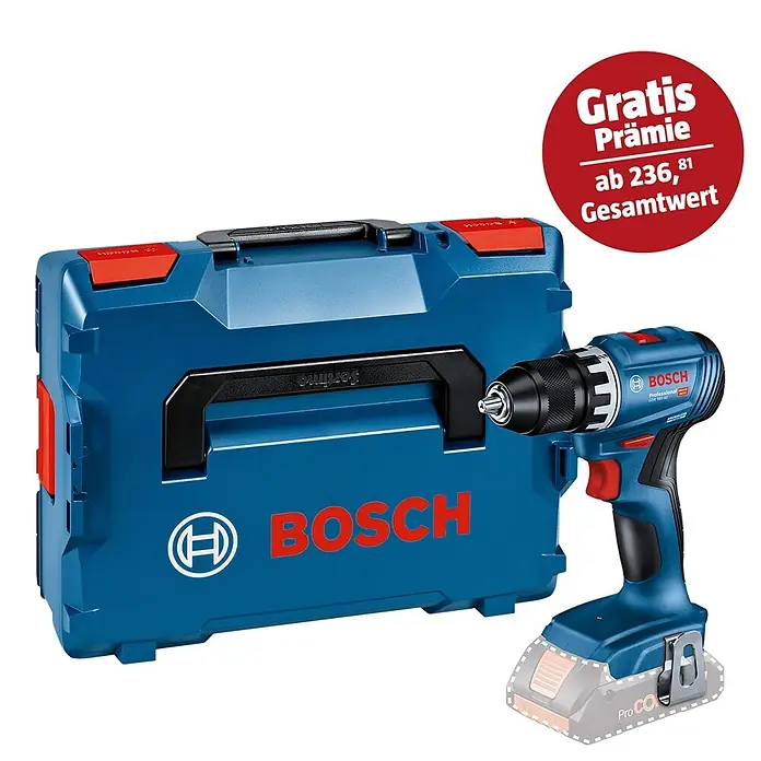 Bosch Professional AMPShare 18V Akku-Bohrschrauber GSR 18V-45 - 18 V, Ohne Akku, 45 Nm, Inkl. L-BOXX 136 - Blauer Bosch Akku-Bohrschrauber mit Akku und blauem Bosch Werkzeugkoffer.