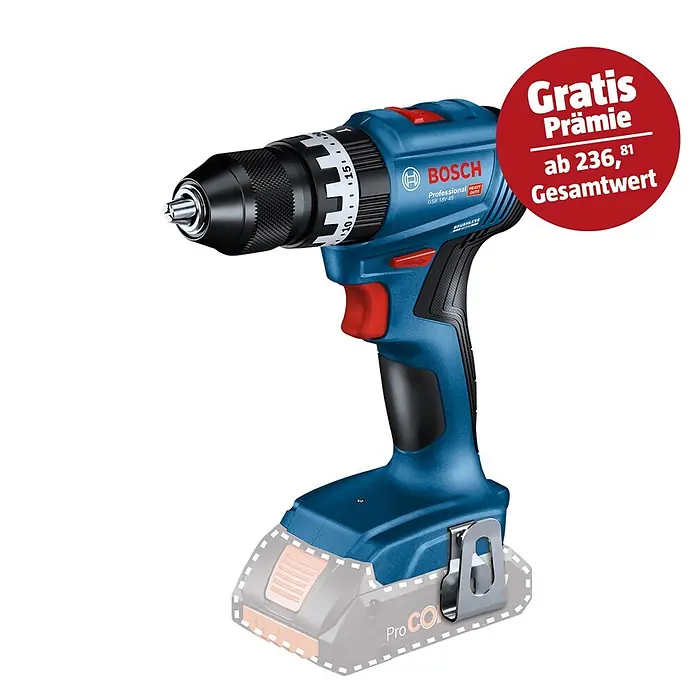 Bosch Professional AMPShare 18V Akku-Schlagbohrschrauber GSB 18V-45 - 18 V, Ohne Akku, 45 Nm, Ohne Zubehör - Blauer und schwarzer Bosch Professional Akku-Bohrhammer GSB 18V-45 mit rotem Promotionstext.
