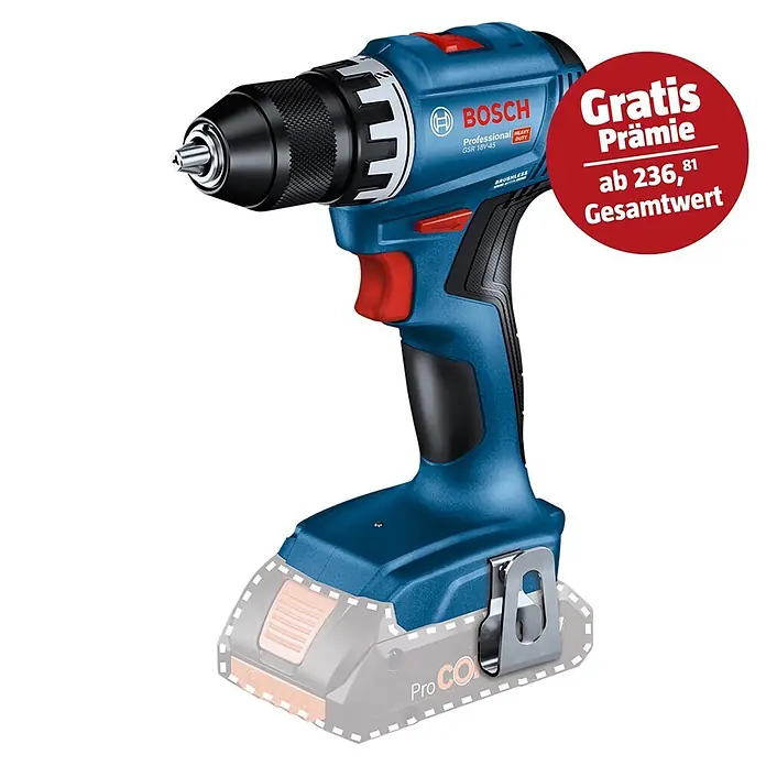 Bosch Professional AMPShare 18V Akku-Bohrschrauber GSR 18V-45 - 18 V, Ohne Akku, 45 Nm, Ohne L-Boxx 136 - Blaue und schwarze Bosch Professional GSR 18V-45 bürstenlose Akku-Bohrschrauber mit rotem Hinweis auf eine Gratis Prämie ab 236,81 Gesamtwert.