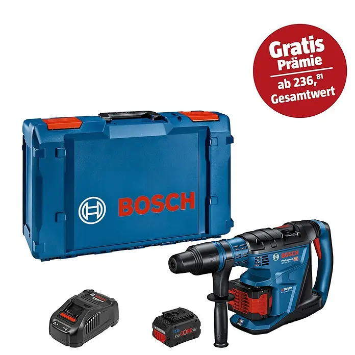 Bosch Professional AMPShare 18V Akku-Kombihammer GBH 18V-40 C - 18 V, 2 Akkus, 8 Ah, 9 J - Eine blaue Bosch Werkzeugkiste, ein blauer Akkuschlagbohrer, ein 18V Akku und ein Ladegerät für Elektrowerkzeuge.