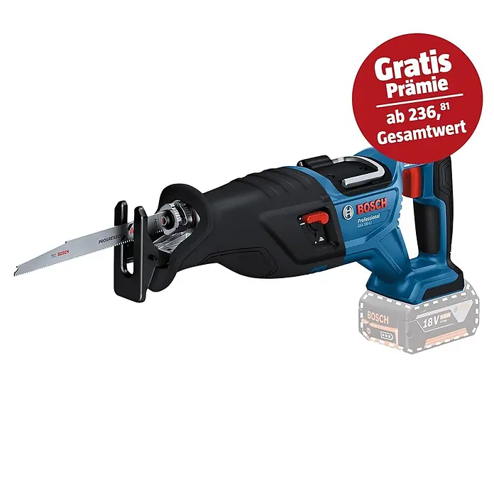 Bosch Professional AMPShare 18V Akku-Säbelsäge GSA 18V-28 - 18 V, Li-Ionen, Ohne Akku, Karton - Blau-schwarze Bosch Akku-Säbelsäge mit Sägeblatt und 18V Akku. Roter Aufkleber: Gratis Prämie ab 236,81 Gesamtwert.