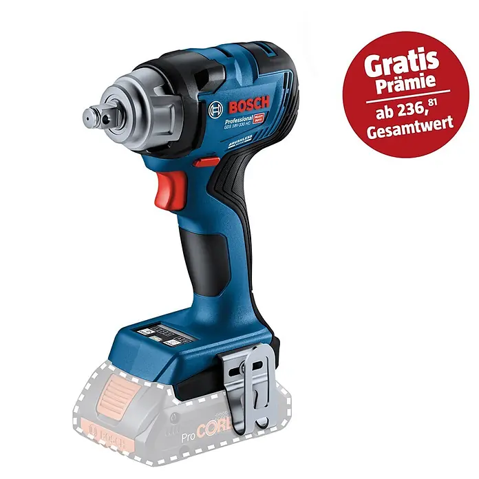 Bosch Professional AMPShare 18V Akku-Drehschlagschrauber GDS 18V-330 HC - 18 V, Ohne Akku, Max. Drehmoment: 330 Nm - Abbildung eines Akku-Schlagschraubers GDS 18V-330 HC Professional von Bosch mit ProCORE-Akku und Gratis-Prämie im Wert von 236,81 €.