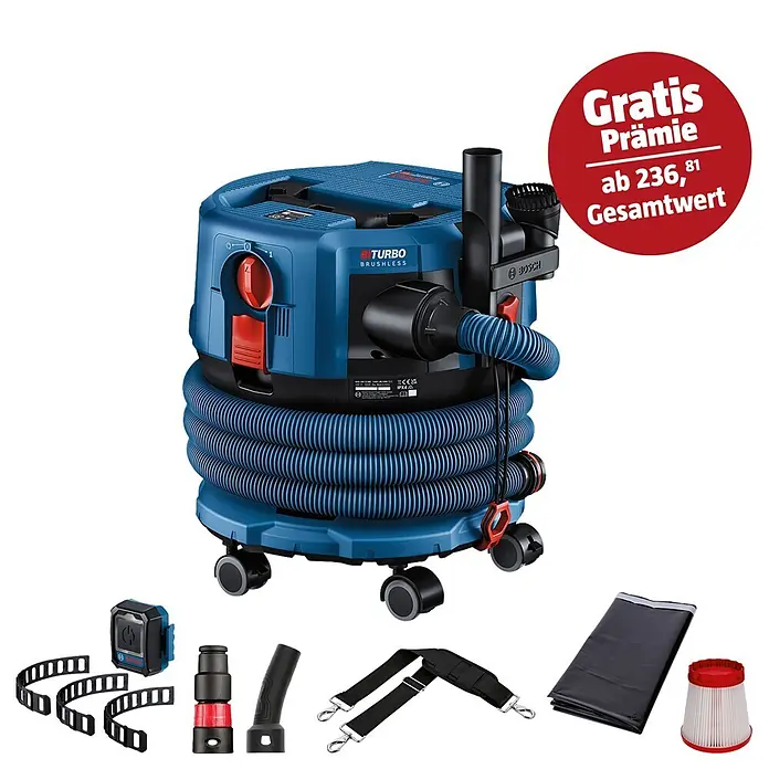 Bosch Professional AMPShare 18V Akku-Nass-Trockensauger GAS 18V-12 MC - Ohne Akku, 18 V, Behältervolumen: 12 l - Blauer Bosch BITURBO BRUSHLESS Industriestaubsauger mit Schlauch und Zubehör wie Fernbedienung, Düse, Filter und Tragegurt.