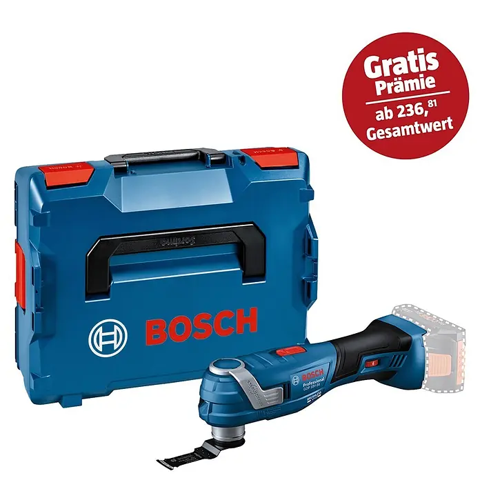 Bosch Professional AMPShare 18V Akku-Multifunktionswerkzeug GOP 18V-34 - 18 V, Ohne Akku - Das Bild zeigt eine blaue Bosch GOP 18V-30 Akku-Multifunktionswerkzeug mit Zubehör und einer roten "Gratis" Werbung.