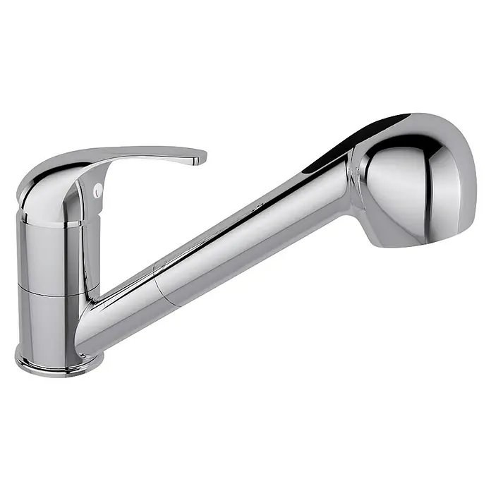 Grifo de cocina extensible Drift - Cromo, Brillante - Primer plano de un grifo de cocina cromado con caño giratorio y diseño moderno. Elegante y funcional para cualquier cocina.