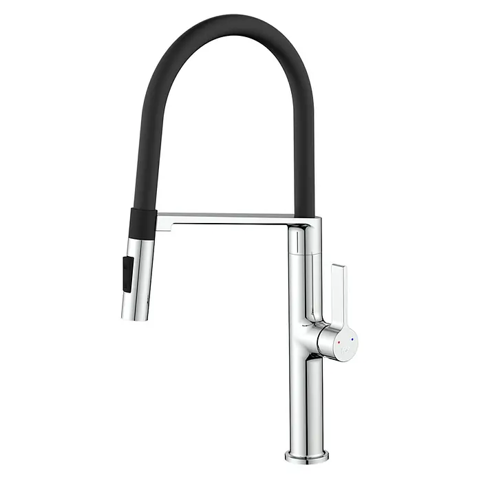Grifo de cocina Tokyo - Cromo/Negro - Grifo de cocina cromado moderno con caño negro flexible para un uso cómodo al lavar y limpiar.
