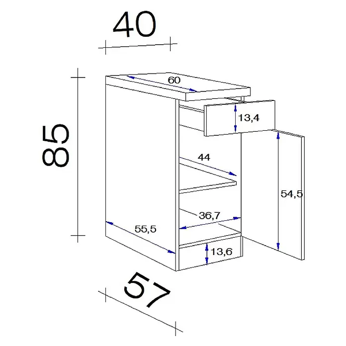 Flex-Well Samoa Unterschrank Samoa - B x T x H: 40 x 60 x 85 cm, Weiß - Technische Zeichnung eines Schranks mit Schublade und Tür, dahinter Regalböden, mit detaillierten Maßen.