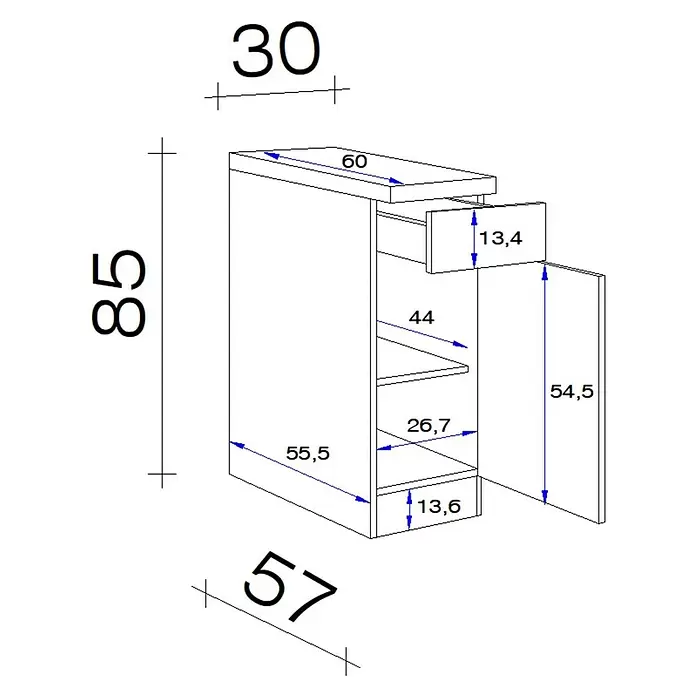 Flex-Well Wito Küchen-Unterschrank - B x T x H: 30 x 60 x 85 cm, Weiß - Bemaßte Zeichnung eines Schranks mit Schublade, Regalböden und offener Tür.