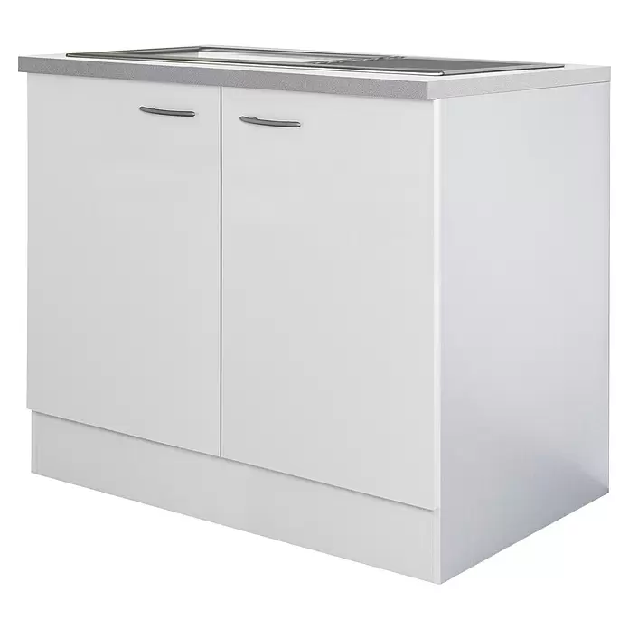 Flex-Well Wito Spülenunterschrank - B x T x H: 100 x 60 x 85 cm, Weiß - Weißer Küchenunterschrank mit zwei Türen, silbernen Griffen und einer hellgrauen Arbeitsplatte mit integrierter Edelstahlspüle.