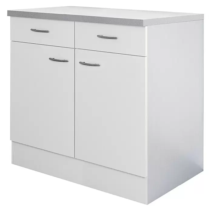 Flex-Well Wito Küchen-Unterschrank - B x T x H: 80 x 60 x 85 cm, Weiß - Weißer Unterschrank mit grauer Arbeitsplatte, zwei Schubladen und zwei Türen mit Chromgriffen.