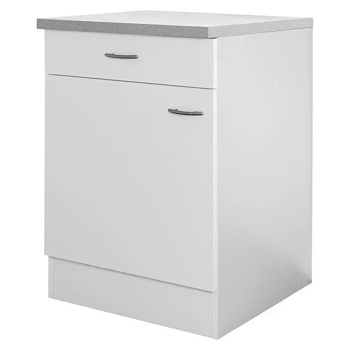 Flex-Well Wito Küchen-Unterschrank - B x T x H: 60 x 60 x 85 cm, Weiß - Weißer Küchenunterschrank mit grauer Arbeitsplatte, einer Schublade und einer Tür mit silbernen Griffen.