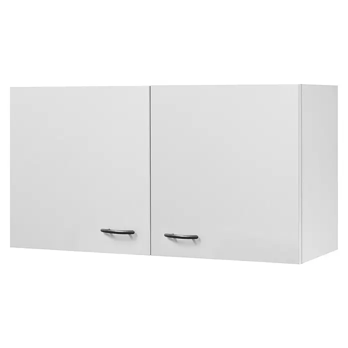 Flex-Well Wito Singleküche - Breite: 210 cm, Weiß, Mit 2-Platten-Kochfeld - Weißer Hängeschrank mit zwei Türen und dunklen Griffen.
