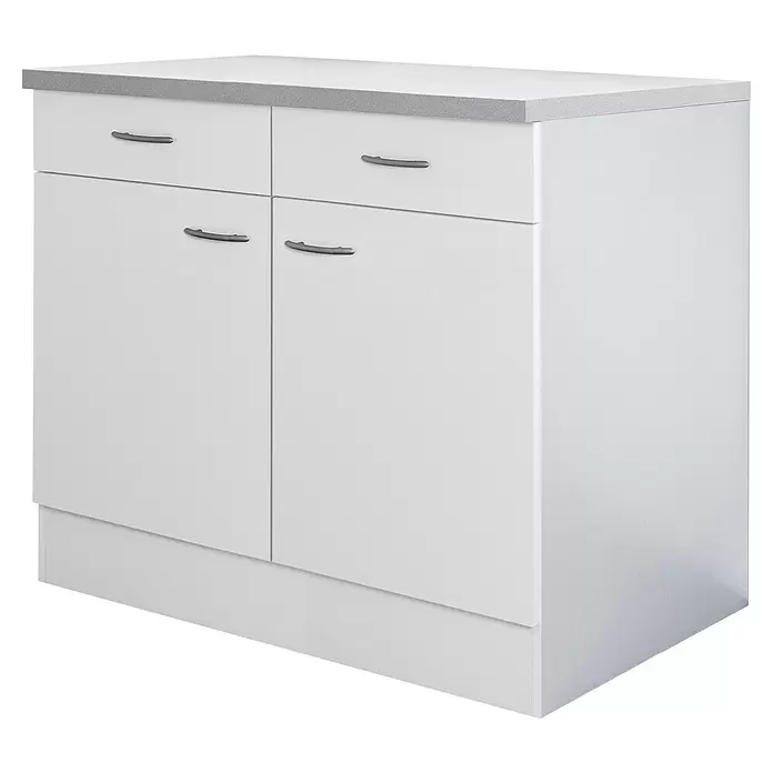 Flex-Well Wito Küchen-Unterschrank - B x T x H: 100 x 60 x 85 cm, Weiß - Weißer Küchenunterschrank mit grauer Arbeitsplatte, zwei oberen Schubladen und zwei unteren Türen, alle mit silbernen Stangengriffen.
