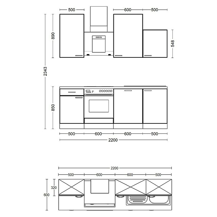 Flex-Well Avila Küchenzeile Typ 1 (Breite: 220 cm, Höhe: 234 cm, Magnolia, Mit Elektrogeräten, Mit Dunstabzugshaube 9039 X/XW) | BAUHAUS