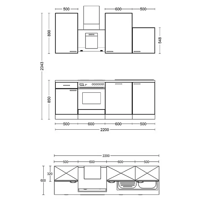 Flex-Well Küchenzeile Capri - Breite: 220 cm, Touch Schwarz, Mit Elektrogeräten, Fibonitspüle - Technische Zeichnung einer Küchenzeile mit Ober- und Unterschränken, Geräten und Spüle, mit Breiten- und Höhenmaßen.