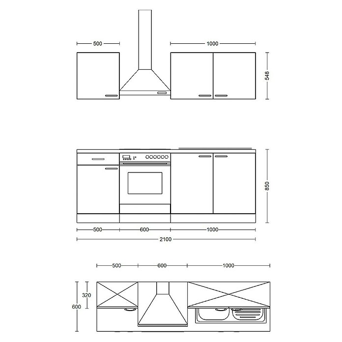 Flex-Well Tiago Singleküche (Breite: 210 cm, Grau, Mit Elektrogeräten) | BAUHAUS