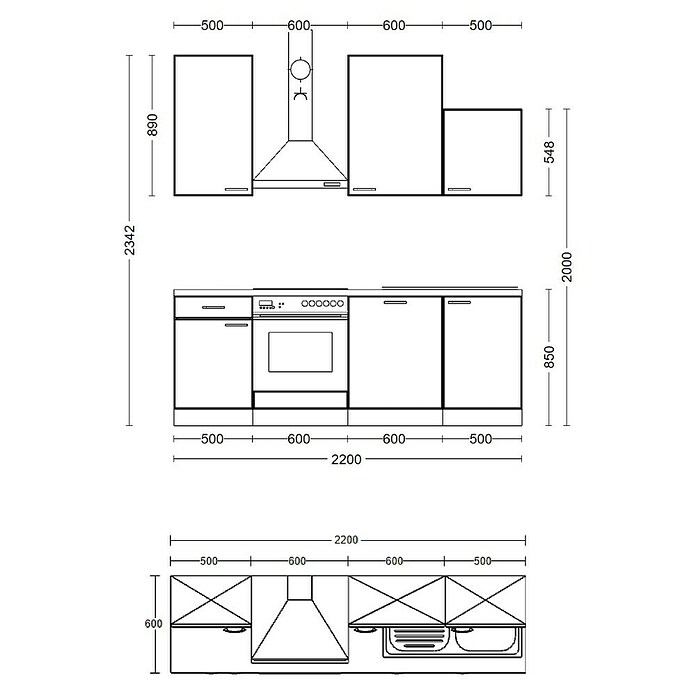 Flex-Well Avila Küchenzeile Typ 1 (Breite: 220 cm, Höhe: 234 cm, Magnolia, Mit Elektrogeräten, Mit Dunstabzugshaube 6091 H) | BAUHAUS