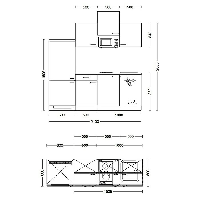 Flex-Well Samoa Singleküche mit Mikrowelle (Breite: 210 cm, Weiß/Braun, Mit Elektrogeräten) | BAUHAUS