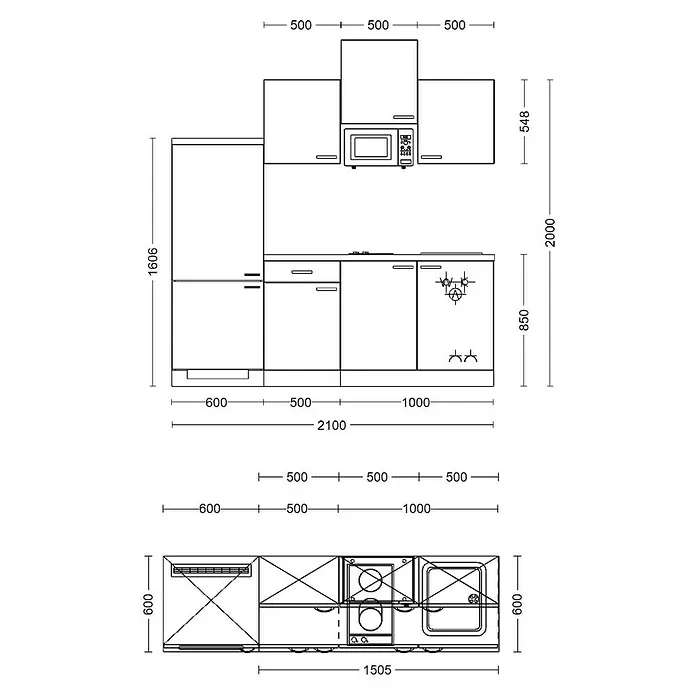 Flex-Well Samoa Singleküche mit Mikrowelle - Breite: 210 cm, Weiß/Braun, Mit Elektrogeräten - Detailliertes Diagramm eines Küchengrundrisses mit Maßen, das Vorder- und Draufsichten von Schränken und Geräten zeigt.