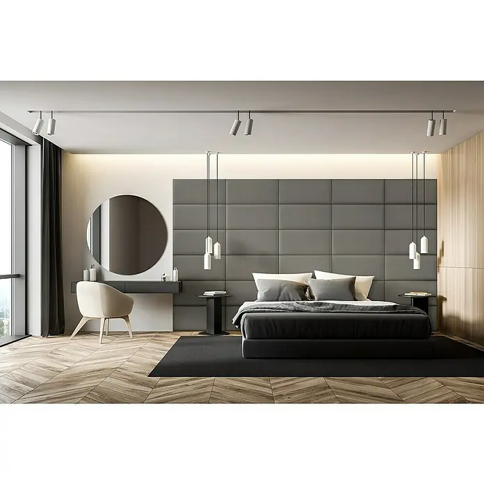 Fllow Wandpolster Velvet - Grau, L x B: 60 x 30 cm - Elegantes Schlafzimmer mit grauem Polsterkopfteil, runden Spiegel über dem Schminktisch und modernen Pendelleuchten für ein luxuriöses Ambiente.